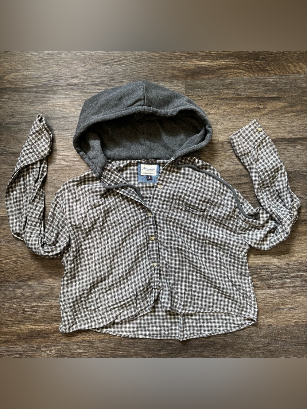 Hooded Plaid Button-Up Shirt - Gray/Brown